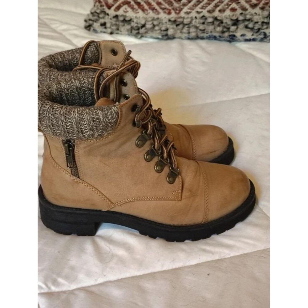 MIA Womens Combat Boots Tan Leather Sweater Cuff Lace Up Hiker Zip Boho Sz 6 - Picture 5 of 8